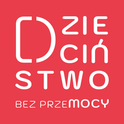 logo akcji dzieciństwo bez przemocy - biały napis na czerwonym tle