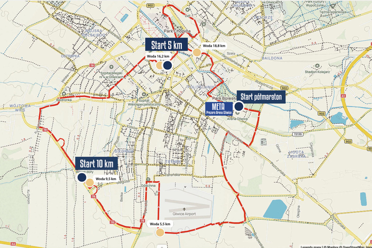 mapa trasy półmaratonu gliwickiego