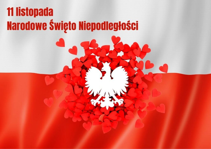 flaga Polski, na niej orzeł biały w wianku z serduszek i napis 11 listopada Narodowe Święto Niepodległości