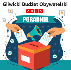 Urna do głosowania i ręce wrzucające kartki oraz napis Gliwicki Budżet Obywatelski 2025