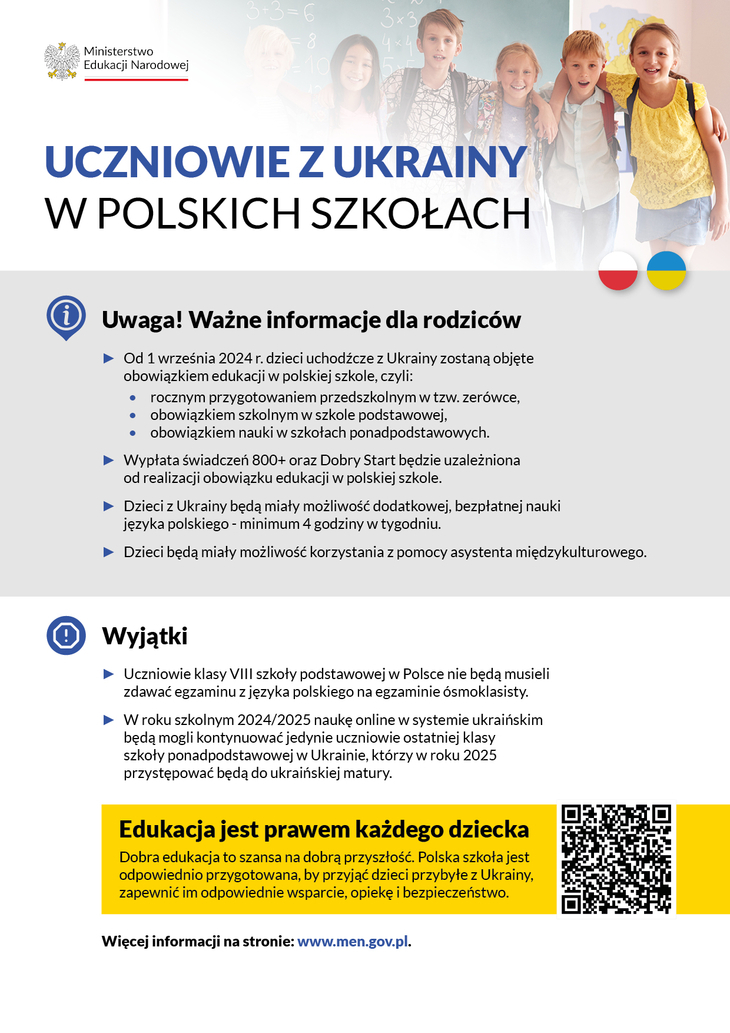 Ulotka informacyjna dla obywateli Ukrainy o obowiązku edukacji dla ich dzieci w polskich szkołach