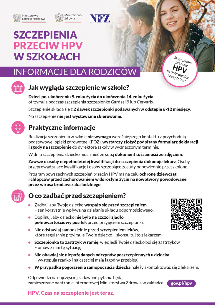 ulotka informacyjna z napisem szczepienia przeciwko hpv w szkołach