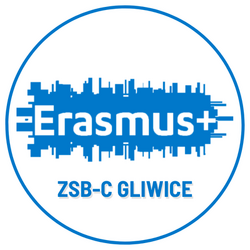logo erasmus + ZSB-C w kolorach biało-niebieskich