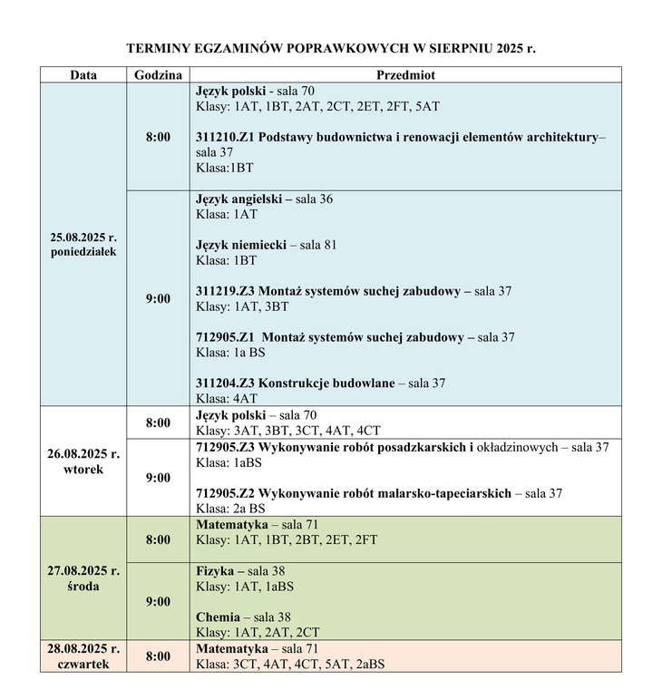 harmonogram egzaminów poprawkowych dla klas I-V
