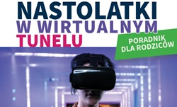 Grafika przedstawia nastolatkę w goglach VR stojącą w futurystycznym, podświetlonym tunelu. Obraz symbolizuje zanurzenie młodzieży w świecie technologii cyfrowych i wirtualnej rzeczywistości.