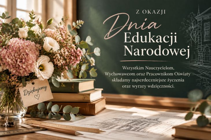 Grafika z okazji Dnia Edukacji Narodowej z bukietem kwiatów, książkami i rysunkiem technicznym. Zawiera życzenia dla nauczycieli, wychowawców i pracowników oświaty.