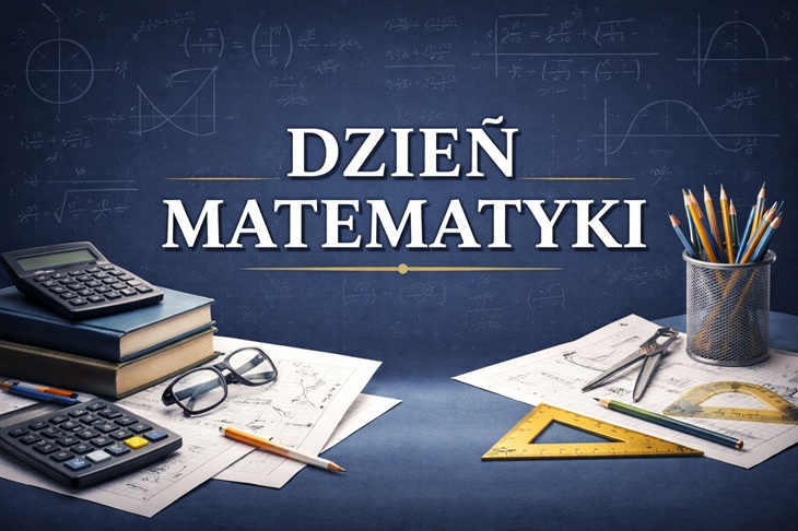 Elegancki, stonowany baner w odcieniach granatu z subtelnym tłem pełnym wzorów i wykresów matematycznych. Na środku widnieje wyraźny, biały napis „Dzień Matematyki”, podkreślony delikatną złotą linią. Kompozycję uzupełniają realistyczne przybory szkolne – kalkulatory, książki, cyrkiel i ekierka – nadające całości poważny, akademicki charakter.
