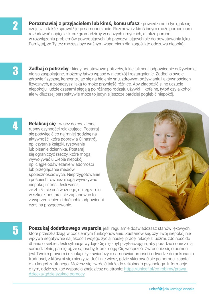 Ulotka UNICEF pt. „Co robić, kiedy odczuwasz niepokój?” zawiera 5 praktycznych wskazówek pomagających radzić sobie z lękiem: ćwiczenia oddechowe, rozmowę z bliskimi, dbanie o podstawowe potrzeby, relaks oraz szukanie dodatkowego wsparcia w trudnych sytuacjach.
