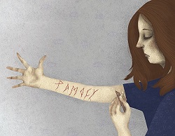 Ilustracja przedstawia dziewczynę, która patrzy na swoje przedramię i rysuje na nim ostrym przedmiotem. Na skórze widać już kilka nacięć tworzących napis, co sugeruje temat bólu emocjonalnego lub autoagresji. Atmosfera jest smutna i przygnębiająca.