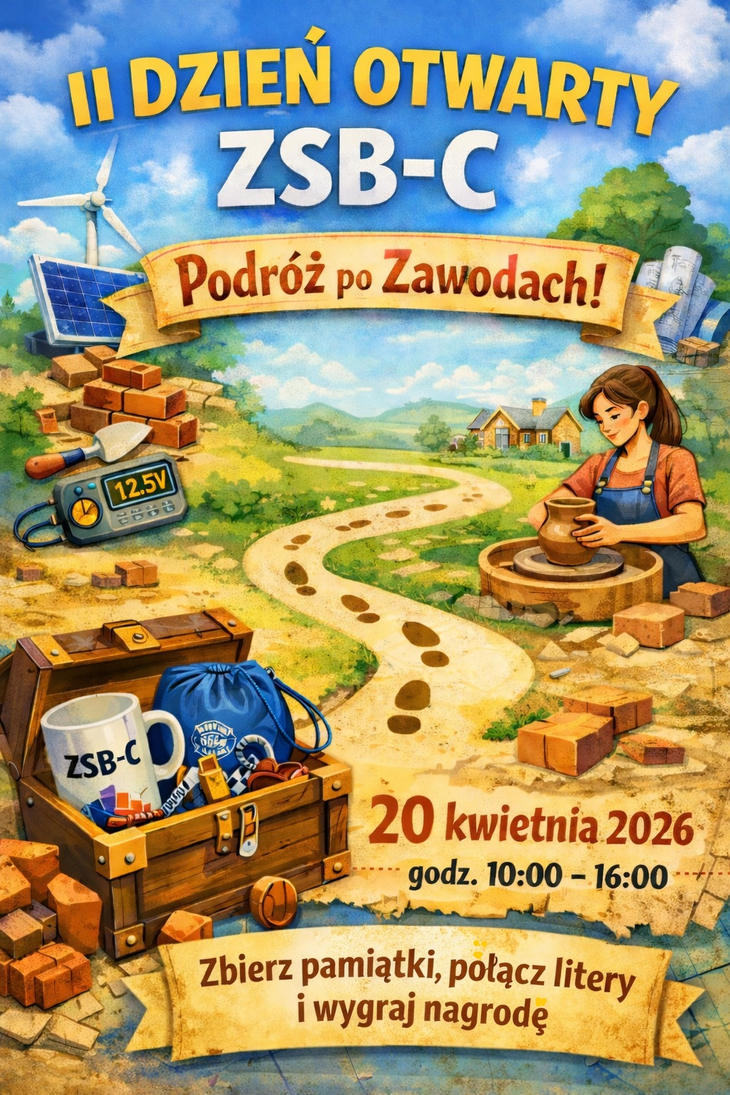 Plakat informujący o II Dniu Otwartym ZSB-C pod hasłem „Podróż po zawodach”. Zawiera datę (20 kwietnia 2026, godz. 10:00–16:00) oraz ilustracje związane z różnymi zawodami, m.in. budownictwem i energetyką odnawialną. Zachęca do udziału poprzez zabawę i zdobywanie nagród.