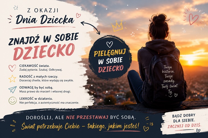 Plakat z okazji Dnia Dziecka został zaprojektowany z myślą o starszej młodzieży i młodych dorosłych. Łączy nowoczesny, emocjonalny przekaz z estetyką lifestyle’ową i motywem refleksji nad zachowaniem dziecięcej wrażliwości w dorosłym życiu.  Centralnym hasłem plakatu jest zachęta do odnalezienia i pielęgnowania w sobie dziecka — rozumianego jako ciekawość świata, autentyczność, odwaga do marzeń i radość z codziennych chwil. Przekaz nie jest infantylny, lecz motywacyjny i inspirujący.  Kompozycja została podzielona na dwie części. Po lewej stronie znajdują się dynamiczne napisy w odręcznym stylu oraz krótkie teksty motywacyjne. Po prawej stronie widoczna jest sylwetka młodej osoby siedzącej na wzgórzu podczas zachodu słońca, co buduje atmosferę spokoju, refleksji i wolności.  Kolorystyka opiera się na ciepłych barwach zachodu słońca, granacie, bieli oraz akcentach różu i żółci. Całość uzupełniają subtelne rysunkowe elementy dekoracyjne, które nadają projektowi lekkości i młodzieżowego charakteru.  Plakat podkreśla, że dorosłość nie musi oznaczać utraty wrażliwości, marzeń i spontaniczności. Jego przekaz można streścić jako zachętę do pozostania sobą mimo upływu czasu.