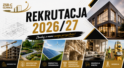 Grafika promująca rekrutację ZSB-C na rok szkolny 2026/2027 przedstawia kierunki związane z budownictwem, architekturą krajobrazu, energetyką odnawialną, renowacją elementów architektury, aranżacją wnętrz oraz geodezją. Nowoczesny projekt utrzymany jest w czarno-złotej kolorystyce i zawiera zdjęcia nawiązujące do poszczególnych branż