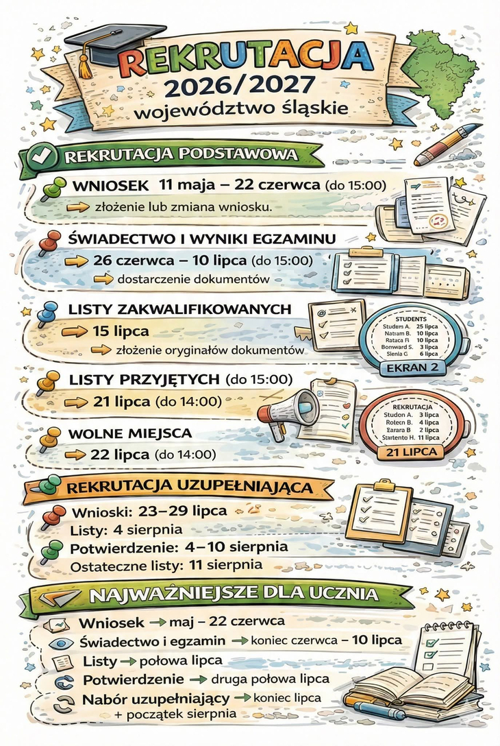 Infografika przedstawia harmonogram rekrutacji do szkół ponadpodstawowych w województwie śląskim na rok szkolny 2026/2027. Zawiera najważniejsze terminy składania wniosków, dostarczania dokumentów oraz publikacji list kandydatów w przejrzystej, kolorowej formie.