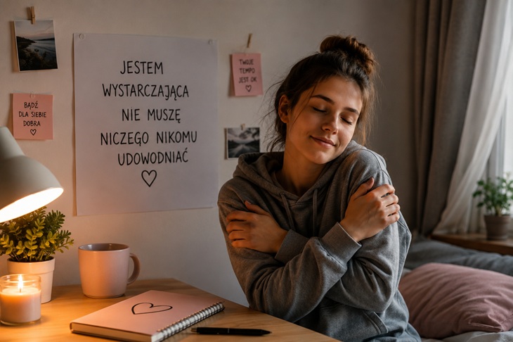 Na zdjęciu widać młodą dziewczynę siedzącą przy biurku w przytulnym, spokojnym pokoju. Ma zamknięte oczy i obejmuje samą siebie, co sugeruje moment wyciszenia, samoakceptacji i troski o własne emocje. Ubrana jest w szarą bluzę z kapturem, a jej swobodna poza tworzy atmosferę bezpieczeństwa i refleksji.  W tle znajduje się duży plakat z napisem: „Jestem wystarczająca. Nie muszę niczego nikomu udowadniać”, który stanowi główne przesłanie fotografii. Na ścianie wiszą również małe karteczki motywacyjne, m.in. „Bądź dla siebie dobra” oraz „Twoje tempo jest OK”, podkreślające temat samoakceptacji i łagodności wobec siebie.  Pomieszczenie oświetlone jest ciepłym światłem lampki i świecy, co nadaje zdjęciu intymny, spokojny klimat. Na biurku leży notes z narysowanym sercem oraz kubek, które dodatkowo wzmacniają wrażenie codzienności i emocjonalnego komfortu.  Całość przedstawia ideę dbania o siebie, odpuszczania presji perfekcjonizmu i budowania poczucia własnej wartości niezależnie od oczekiwań innych.