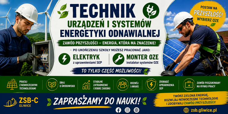 Na grafice promującej kierunek technik urządzeń i systemów energetyki odnawialnej przedstawiono pracę przy nowoczesnych instalacjach energetycznych. Widać elektryka wykonującego prace przy rozdzielni oraz montera OZE montującego panele fotowoltaiczne. Baner podkreśla możliwość zdobycia uprawnień SEP, przyszłościowy charakter zawodu oraz perspektywy pracy w branży odnawialnych źródeł energii.