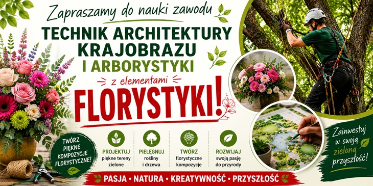 Plakat promuje kierunek Technik Architektury Krajobrazu i Arborystyki z elementami Florystyki w nowoczesnej i atrakcyjnej formie graficznej.  Głównym elementem plakatu jest wyraźny tytuł kierunku, w którym słowo „FLORYSTYKI!” zostało wyróżnione dużą, czerwoną czcionką, podkreślając znaczenie florystyki w programie nauczania.  Po lewej stronie znajduje się efektowna kompozycja kwiatowa symbolizująca kreatywność, estetykę i umiejętności florystyczne. Po prawej stronie przedstawiono arborystę wykonującego prace pielęgnacyjne w koronie drzewa, co nawiązuje do specjalistycznej opieki nad drzewami.  W centralnej części umieszczono fotografie przedstawiające bukiet kwiatów oraz projekt zagospodarowania terenu zielonego. Zdjęcia te obrazują praktyczne umiejętności zdobywane podczas nauki na kierunku.