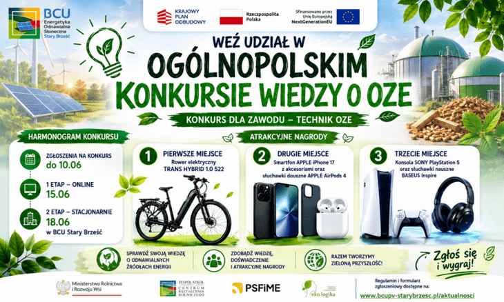 Plakat promuje Ogólnopolski Konkurs Wiedzy o OZE skierowany do uczniów kierunku technik urządzeń i systemów energetyki odnawialnej. Zawiera harmonogram konkursu (etap online i stacjonarny), informacje o atrakcyjnych nagrodach – m.in. rowerze elektrycznym, smartfonie z akcesoriami oraz konsoli – oraz zachęca do rozwijania wiedzy o odnawialnych źródłach energii i zdobywania nowych doświadczeń. Konkurs realizowany jest w ramach wsparcia edukacji i zielonej transformacji.