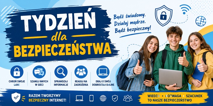Grafika promuje akcję „Tydzień dla Bezpieczeństwa” i jest utrzymana w nowoczesnej, szkolnej stylistyce związanej z cyberbezpieczeństwem. Po lewej stronie znajduje się duży, wyraźny napis „TYDZIEŃ dla BEZPIECZEŃSTWA” umieszczony na granatowym tle przypominającym pociągnięcie pędzla. Podkreśla on główny temat kampanii. Po prawej stronie widoczne jest troje uśmiechniętych uczniów z plecakami i laptopem, co symbolizuje młodzież korzystającą z nowych technologii w bezpieczny i odpowiedzialny sposób. Nad nimi umieszczono hasło: „Bądź świadomy. Działaj mądrze. Bądź bezpieczny!” oraz symbole związane z bezpieczeństwem cyfrowym, takie jak tarcza z kłódką, ikona sieci Wi-Fi i glob. W centralnej części grafiki znajdują się ikony wraz z najważniejszymi zasadami bezpiecznego korzystania z internetu: Chroń swoje dane, Szanuj innych w sieci, Sprawdzaj informacje, Reaguj na zagrożenia, Dbaj o swój dobrostan online.