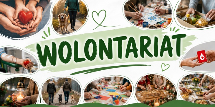 Plakat przedstawia temat wolontariatu w nowoczesnej, przyjaznej i pełnej pozytywnej energii formie. Centralnym elementem kompozycji jest duży, zielony napis „WOLONTARIAT”, umieszczony na jasnym tle z delikatnym, pędzlowym akcentem. Zieleń symbolizuje nadzieję, rozwój i zaangażowanie społeczne. Wokół głównego hasła rozmieszczono fotografie przedstawiające różnorodne formy działalności wolontariackiej. Układ zdjęć tworzy kolaż, który podkreśla bogactwo podejmowanych inicjatyw. Przedstawiają one między innymi: akcje charytatywne i pomoc potrzebującym, zbiórki żywności, honorowe krwiodawstwo oraz działania związane z dawstwem szpiku, kwestę na rzecz hospicjum, spacery z psami ze schroniska dla zwierząt, warsztaty artystyczne i integracyjne, świąteczne oraz wiosenne warsztaty kulinarne organizowane dla mieszkańców Domu Pomocy Społecznej.