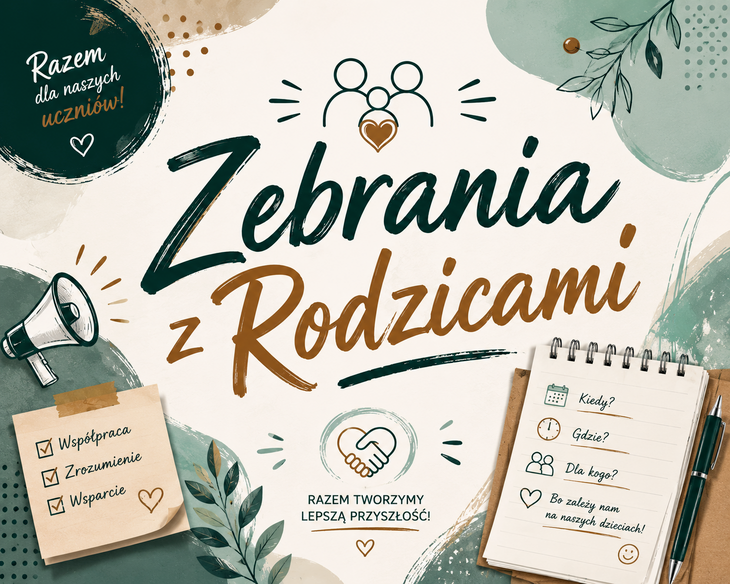 Plansza informująca o zebraniach z rodzicami, utrzymana w eleganckiej kolorystyce zieleni, beżu i brązu. Wokół głównego napisu znajdują się motywy rodziny, współpracy, serca, notatnika i roślin.