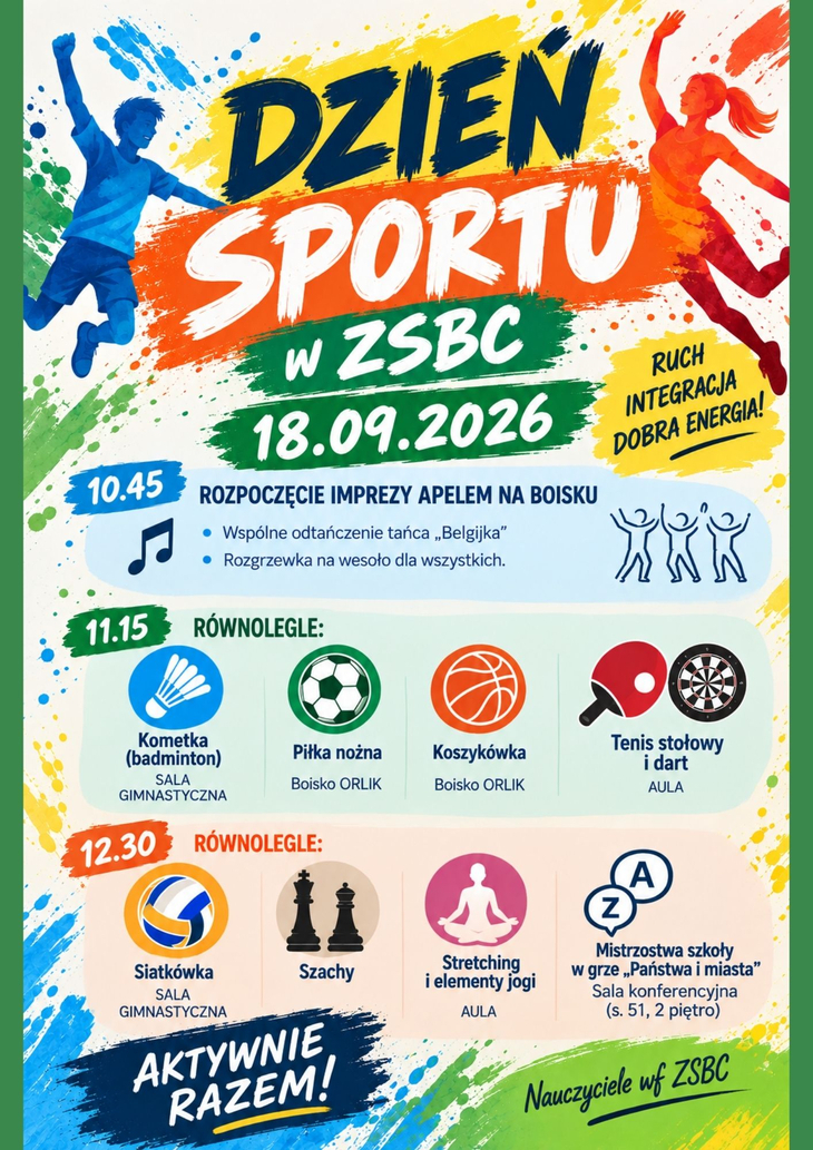 Plakat zapowiada Dzień Sportu w ZSB-C, który odbędzie się 18 września 2026 r. Program obejmuje wspólną rozgrzewkę i taniec „Belgijka”, a następnie rozgrywki w różnych dyscyplinach, m.in. badmintonie, piłce nożnej, koszykówce, tenisie stołowym, darcie, siatkówce, szachach i jodze. Na końcu zaplanowano także mistrzostwa szkoły w grze „Państwa i miasta”.