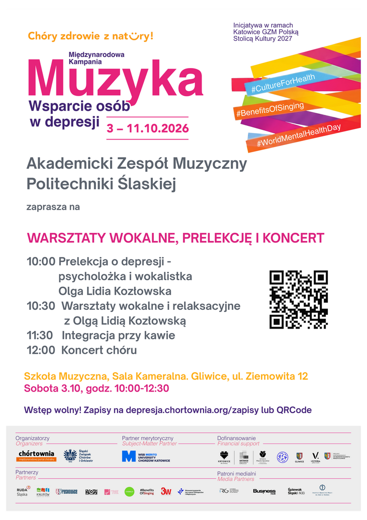 Plakat promujący wydarzenie w ramach kampanii „Muzyka – Wsparcie osób w depresji”, które odbędzie się 3 października 2026 roku w Sali Kameralnej Szkoły Muzycznej w Gliwicach. W programie: prelekcja o depresji, warsztaty wokalne i relaksacyjne, integracja oraz koncert chóru. Wstęp wolny, obowiązują zapisy.