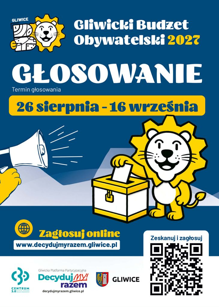 Plakat promuje Gliwicki Budżet Obywatelski 2027. Informuje, że głosowanie trwa od 26 sierpnia do 16 września, zachęca do głosowania online i zawiera kod QR oraz adres strony internetowej. W centralnej części znajduje się charakterystyczna grafika lwa przy urnie do głosowania.