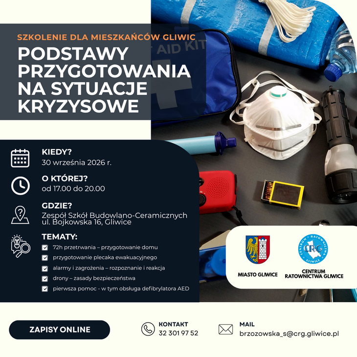 Grafika promuje szkolenie dla mieszkańców Gliwic dotyczące przygotowania na sytuacje kryzysowe, które odbędzie się 30 września 2026 r. w ZSB-C przy ul. Bojkowskiej 16. Obejmuje m.in. przygotowanie na 72 godziny, ewakuację, pierwszą pomoc i zasady bezpieczeństwa.