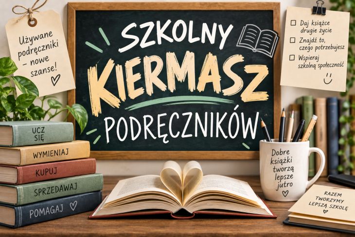 To estetyczna, ciepła plansza promująca szkolny kiermasz podręczników. W centrum znajduje się duża czarna tablica z napisem „SZKOLNY KIERMASZ PODRĘCZNIKÓW”, a wokół niej ułożono stosy książek, otwarty podręcznik z kartkami uformowanymi w serce, kubek z napisem „Dobre książki tworzą lepsze jutro” oraz dekoracyjne karteczki z hasłami zachęcającymi do ponownego wykorzystania podręczników. Całość utrzymana jest w naturalnych kolorach: zieleni, beżu, brązie i czerwieni