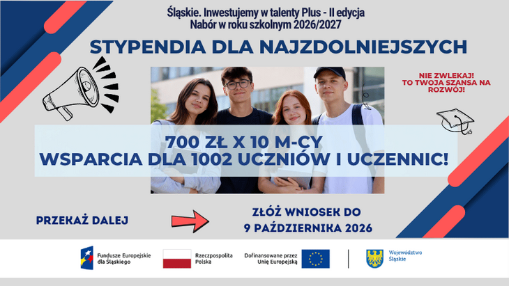 Plansza informuje o stypendiach dla najzdolniejszych uczniów i uczennic w ramach programu „Śląskie. Inwestujemy w talenty Plus”. Zawiera informację o wsparciu w wysokości 700 zł miesięcznie przez 10 miesięcy oraz terminie składania wniosków do 9 października 2026 r.
