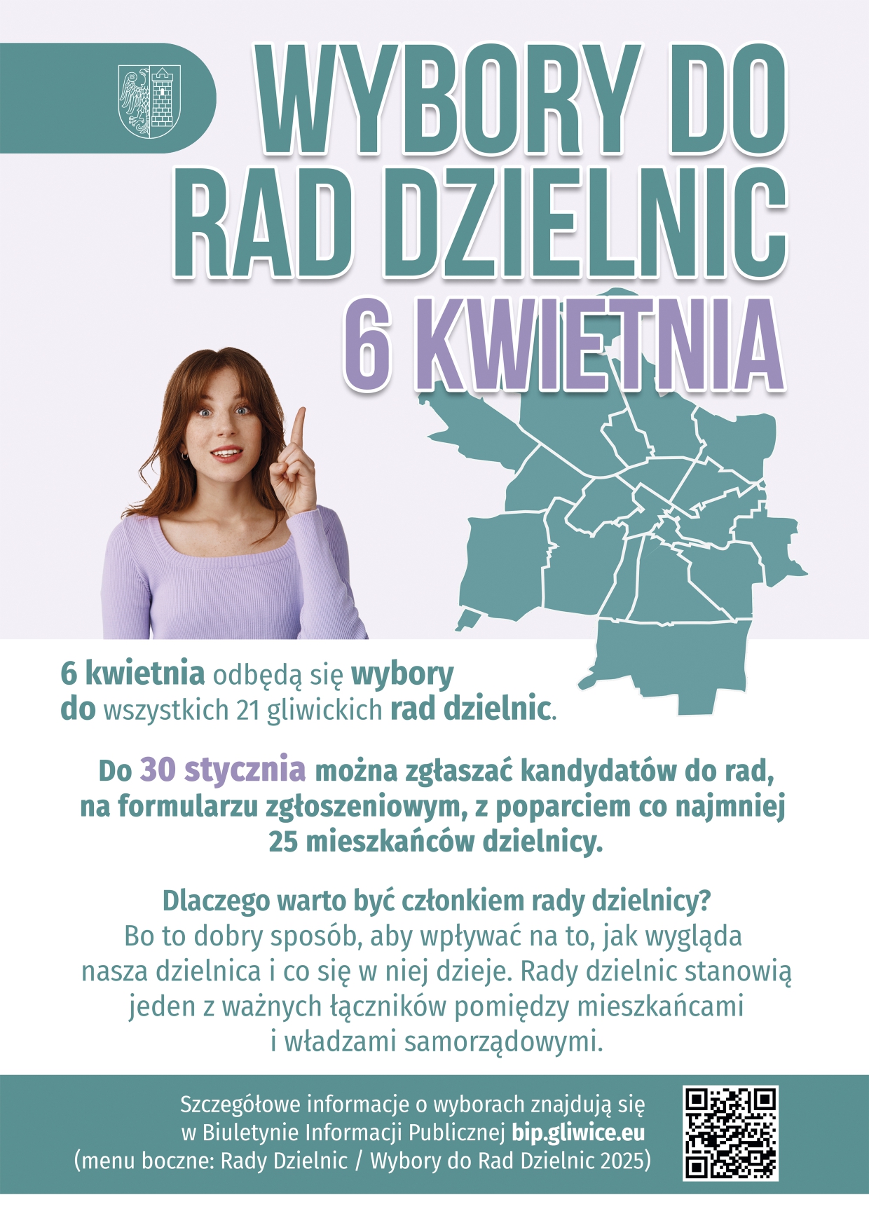 Plakat informuje o wyborach do rad dzielnic w Gliwicach (6 kwietnia). Kandydatów można zgłaszać do 30 stycznia z poparciem 25 mieszkańców. Zawiera mapę dzielnic, kod QR i link do szczegółowych informacji.