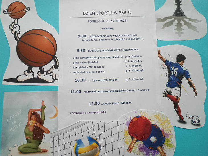dzień sportu w ZSB-C - plan dnia i konkurencji, wokół zdjęcia różnych dyscyplin sportowych