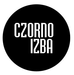 Logo Galerii Czorno Izba - biały napis na czarnym,okrągłym tle